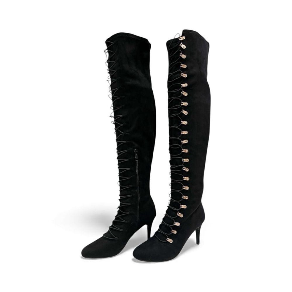 Journee Trill Over Knee Boots Faux Suede Bungee Lace Wide Calf Black 7.5 NEW